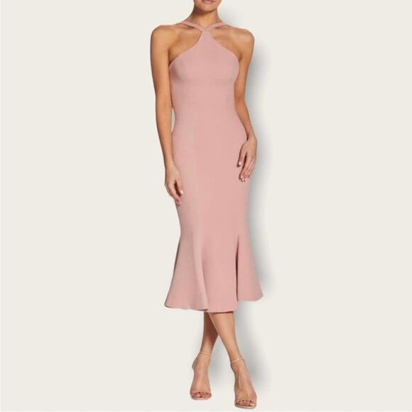 Dress the Population Dresses & Skirts - Dress The Population Pink Tessa Spaghetti Strap Halter Mermaid Fitted Midi Dress